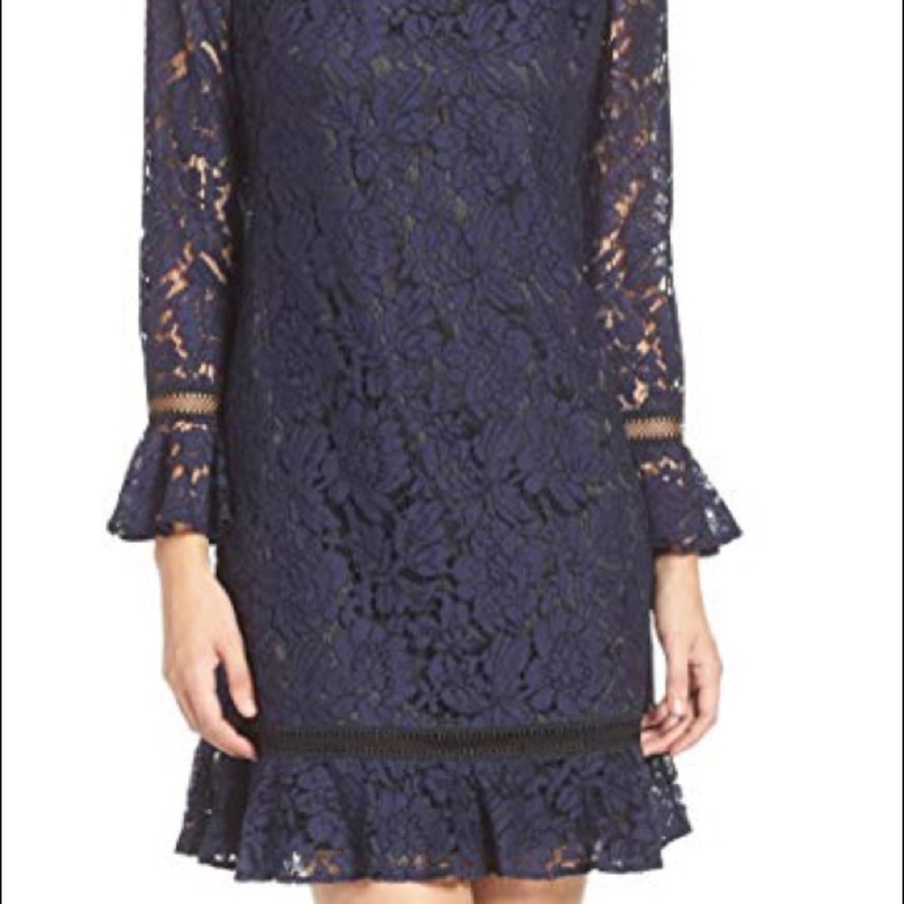 Eliza J navy lace shift dress with ruffle detail